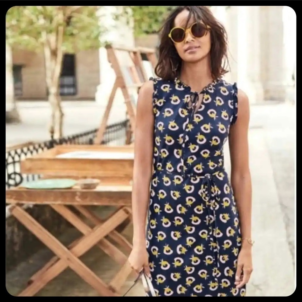 BODEN Lois Jersey Dress J0207 Navy With Yellow Floral Print Sleeveles